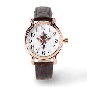 Reloj De Pulsera Cruz de Plata con una Rosa Roja