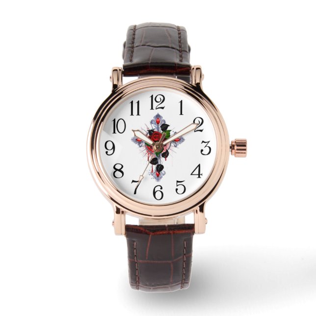 Reloj De Pulsera Cruz de Plata con una Rosa Roja (Anverso)