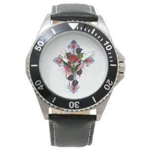 Reloj De Pulsera Cruz de Plata con una Rosa Roja