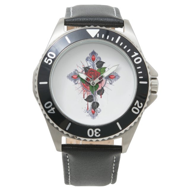 Reloj De Pulsera Cruz de Plata con una Rosa Roja (Anverso)