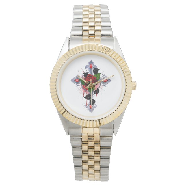 Reloj De Pulsera Cruz de Plata con una Rosa Roja (Anverso)