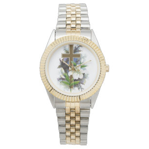 Reloj De Pulsera Cruz del oro con la flor blanca