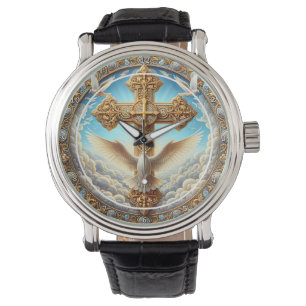 Reloj De Pulsera Cruz Dorada de la Paloma de la Trinidad en la Pare
