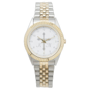 Reloj De Pulsera Cruz Plata Simple Cristiana en Monogramo Blanco
