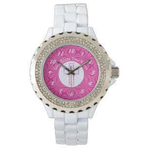 Reloj De Pulsera Cruz Rosa Zig Zag sobre Blanco y Rosa Brillante