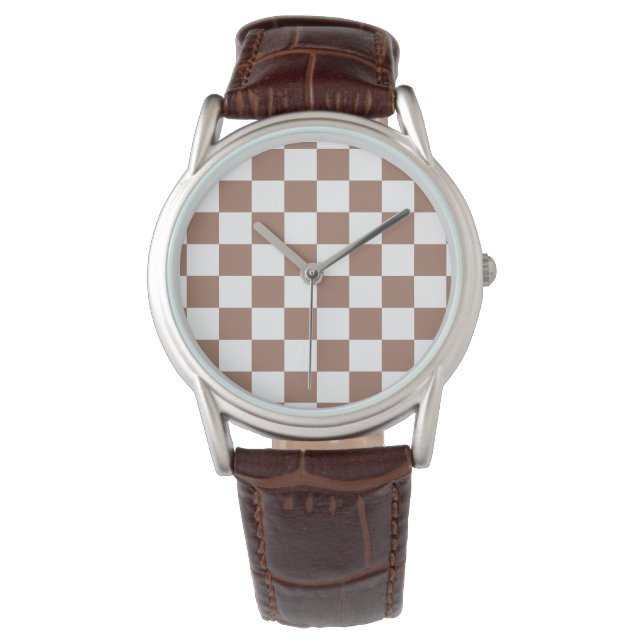 Reloj De Pulsera Cuadrados de cheques mocha retro geométrico blanco (Anverso)
