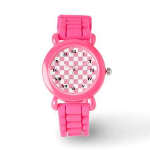 Reloj De Pulsera Cuadrados De Comprobación Rosada Y Blanca Purpurin