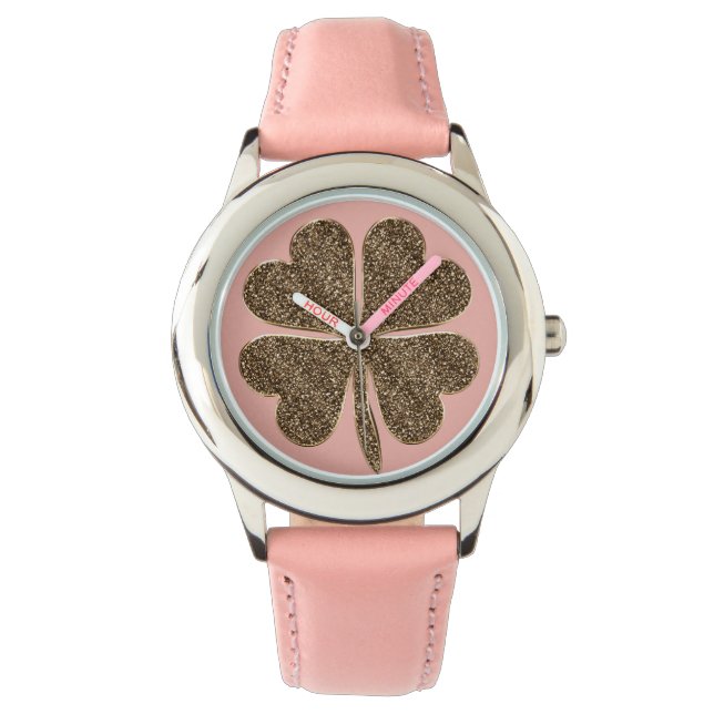 Reloj De Pulsera Cuatro Leaf Clover Good Luck Símbolo Oro Rosa (Anverso)