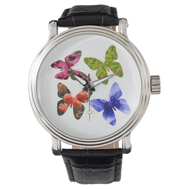 Reloj De Pulsera Cuatro mariposas de flores, (Anverso)