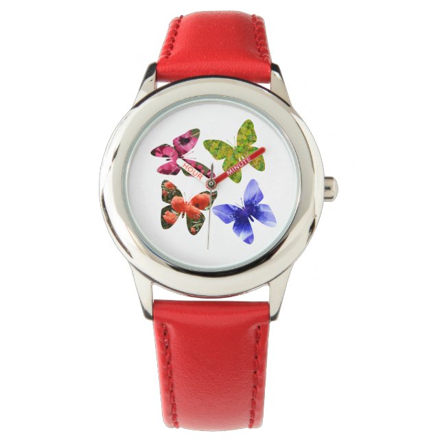 Reloj De Pulsera Cuatro mariposas de flores, cuero infantil (Anverso)
