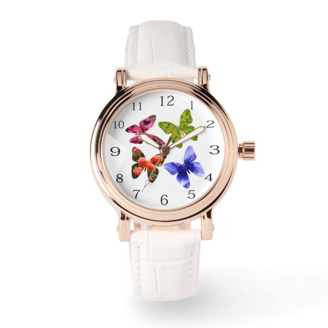 Reloj De Pulsera Cuatro Mariposas De Flores, Unisex Grande (Anverso)