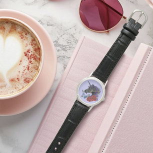 Reloj De Pulsera Cuerno Negro de Unicornio Jardín de Flores de Medi