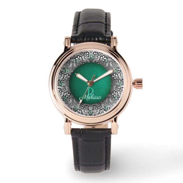 Reloj De Pulsera Cuero verde y encaje negro chic monogramado (Anverso)