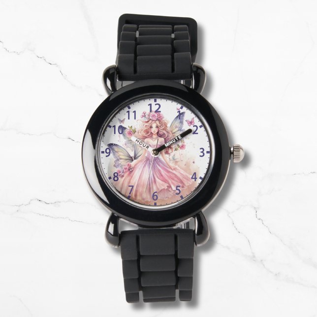 Reloj De Pulsera Cuidada acuarela rosa hadas nórdicas mariposas (Subido por el creador)