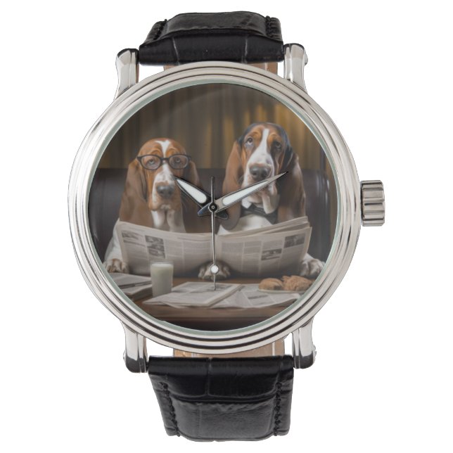 Reloj De Pulsera Cuidados basset hounds leyendo el periódico (Anverso)