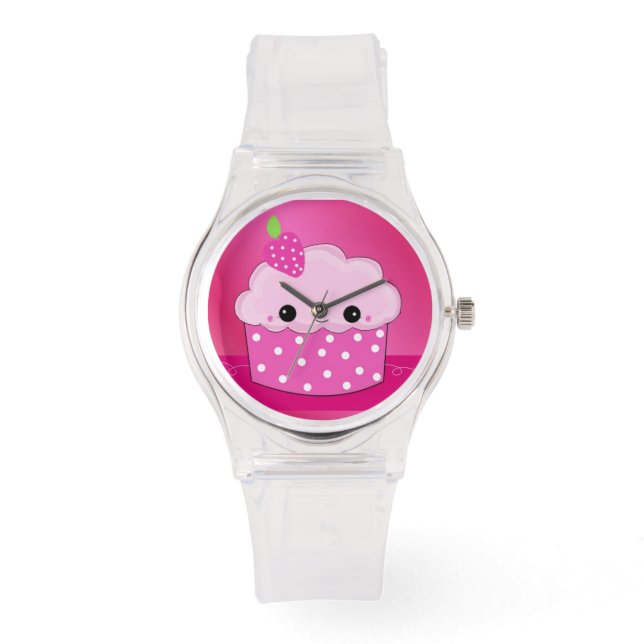 Reloj De Pulsera Cupcake con Cara de Lunares Rosados (Anverso)