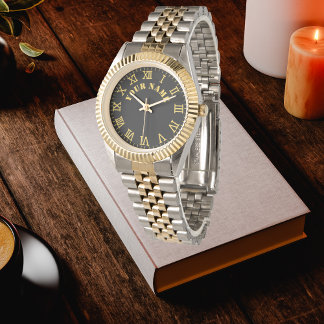 Reloj De Pulsera Custom Black Monogrammed Gold Silver Tone Bracelet