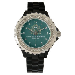 Reloj De Pulsera Custom couple floral names monogram green