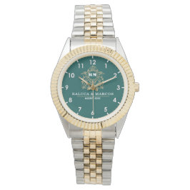 Reloj De Pulsera Custom couple floral names monogram green