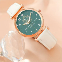 Reloj De Pulsera Custom couple floral names monogram green