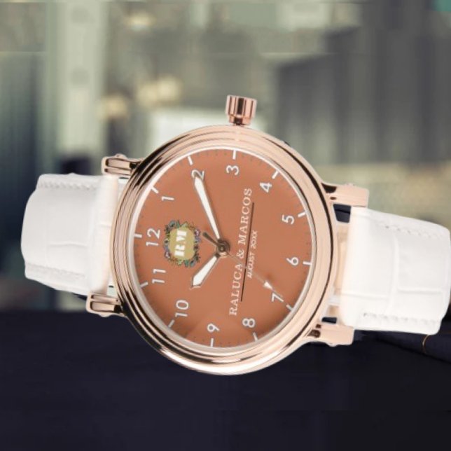 Reloj De Pulsera Custom couple floral names monogram orange (Subido por el creador)