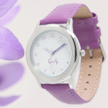 Reloj De Pulsera Custom Kids Name Steel Purple Leather Girls Watch<br><div class="desc">Custom, personalized, kids girls fun cool stylish purple leather strap, stainless steel case, wrist watch. Simply type in the name. Go ahead create a wonderful, custom watch for the lil princess in your life - daughter, sister, niece, grandaughter, goddaughter, stepdaughter. Makes a great custom gift for birthday, graduation, christmas, holidays,...</div>