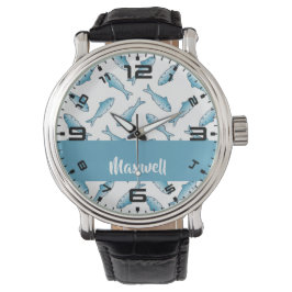 Reloj De Pulsera Custom name blue fish on white