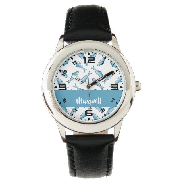 Reloj De Pulsera Custom name blue fish on white (Anverso)