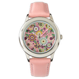 Reloj De Pulsera Custom Name Retro 70s Floral on Pastel Pink Girls