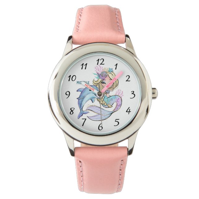 Reloj De Pulsera Cuta acuarela personalizada delfín de sirena (Anverso)