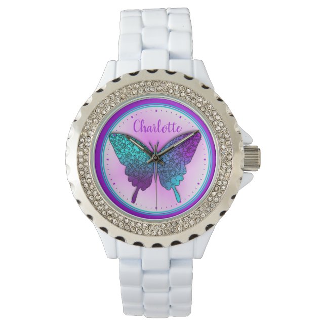 Reloj De Pulsera Cuta de ormbre púrpura Verde azulada de mariposa p (Anverso)