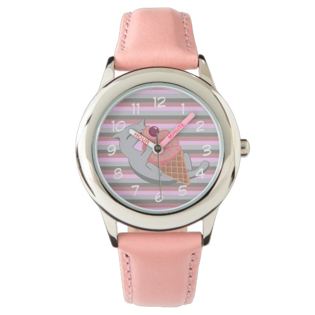 Reloj De Pulsera Cute Cat Eating Pink Ice Cream Striped (Anverso)