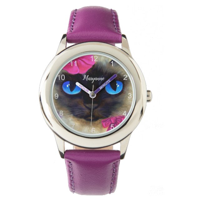 Reloj De Pulsera Cute Cat Siamese Face Añadir Nombre Ilustracion Pú (Anverso)