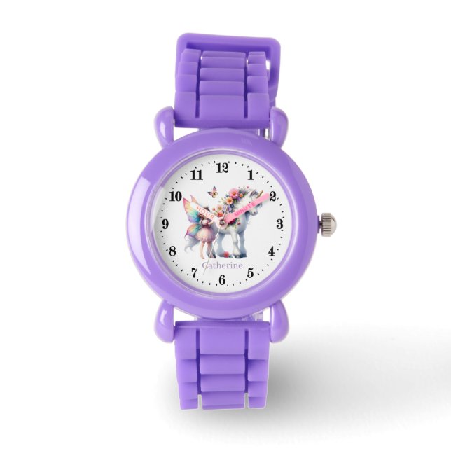 Reloj De Pulsera Cute chicas hadas unicornio añadir nombre (Anverso)