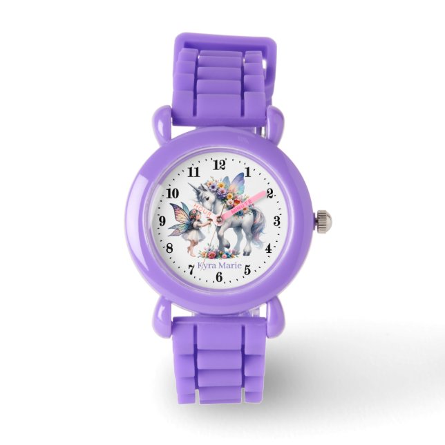 Reloj De Pulsera Cute chicas hadas unicornio añadir nombre (Anverso)