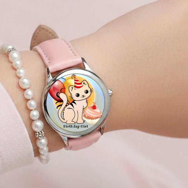 Reloj De Pulsera Cute Colorful Kitty Birthday  (Cute festive girly birthday watch featuring a kitten with balloons and a cupcake)