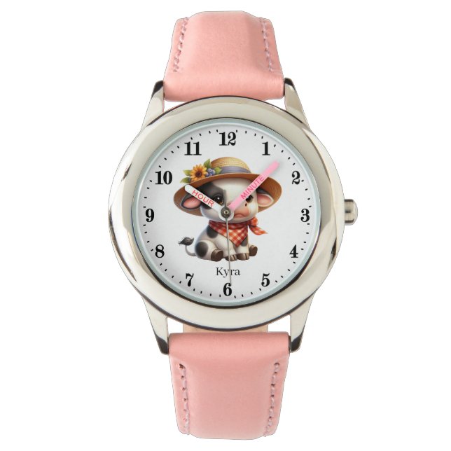 Reloj De Pulsera Cute Farm blanco negro Vaca agregar nombre chicas  (Anverso)