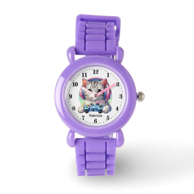 Reloj De Pulsera Cute gamer cat add name  (Anverso)