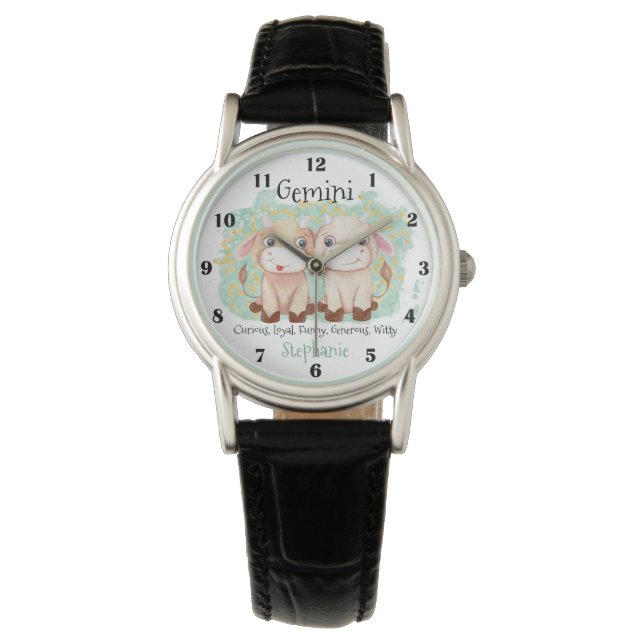 Reloj De Pulsera Cute Gemini Twins acuarela Bull Zodiac Monograma (Anverso)