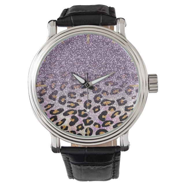 Reloj De Pulsera Cute girly trendy purple faux glitter leopard (Anverso)