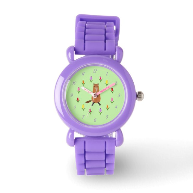 Reloj De Pulsera Cute Groundhog y Tulip Flowers (Anverso)