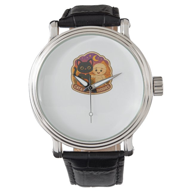 Reloj De Pulsera Cute Halloween Cat y momia Embroidery Parche Stic (Anverso)