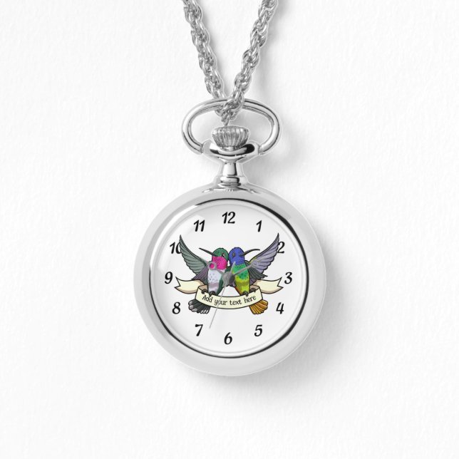 Reloj De Pulsera Cute Hummingbirds Add Your Own Text Ribbon Cartoon (Anverso)