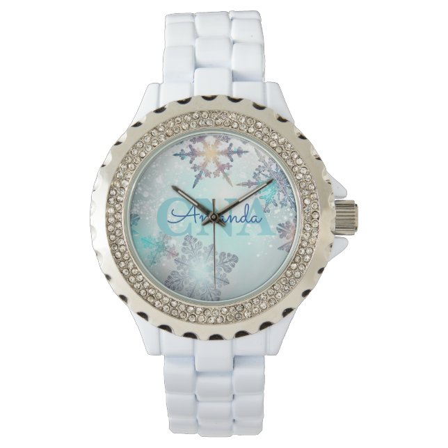 Reloj De Pulsera Cute Ice Blue Snowflake Nombre personalizado CNA (Anverso)