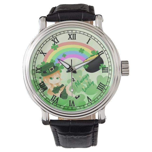 Reloj De Pulsera Cute irlandés chibi leprechaun chica con olla de o (Anverso)