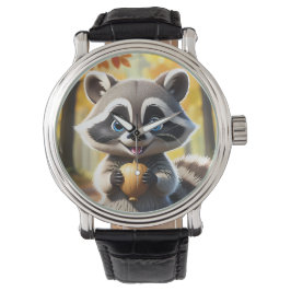 Reloj De Pulsera Cute Kawaii estilo Racoon sosteniendo una bellota