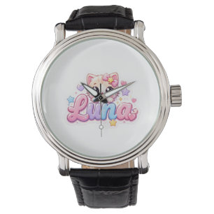 Reloj De Pulsera Cute Kawaii Luna Nombre de gato rosa pastel brilla