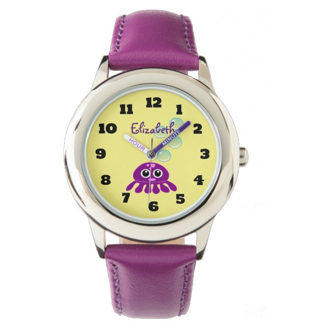 Reloj De Pulsera Cute Kawaii Purple Jellyfish con burbujas azules (Anverso)