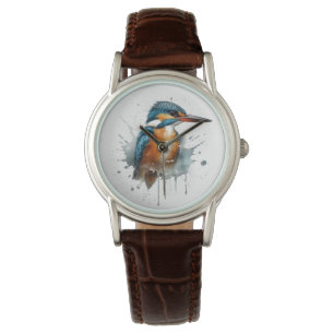 Reloj De Pulsera Cute Kingfisher en acuarela azul y naranja