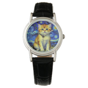 Reloj De Pulsera Cute Kitten Starry Night Van Gogh